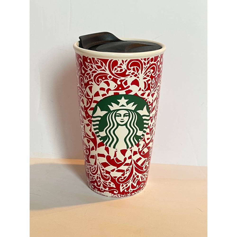 Starbucks 2016 Holiday Red White Candy Cane Floral Ceramic Travel Tumbler 12oz